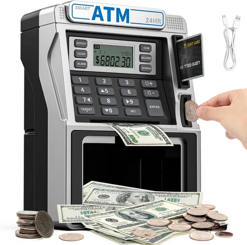 Alcancía de cajero automático para niños recargable, memoria de apagado para dinero real seguro con tarjeta de débito, reconocimiento de monedas,