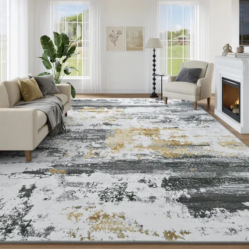 Miniatura 23 de Kelarea Alfombra lavable para sala de estar, 5 x 7 antideslizante, alfombras modernas abstractas color beige, alfombra de pelo bajo fácil