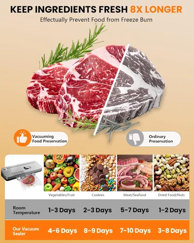 Miniatura 2 de Máquina selladora al vacío de alimentos, succión fuerte de 75 KPa, temporizador digital, cortador integrado, función de pulso, modos seco y húmedo