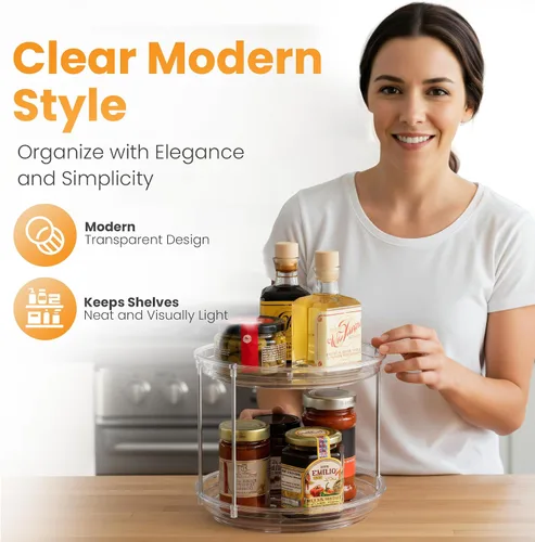 Miniatura 6 de Oizeir Organizador Lazy Susan de 2 niveles para gabinete, estante giratorio de especias de acrílico transparente para cocina, despensa, encimera