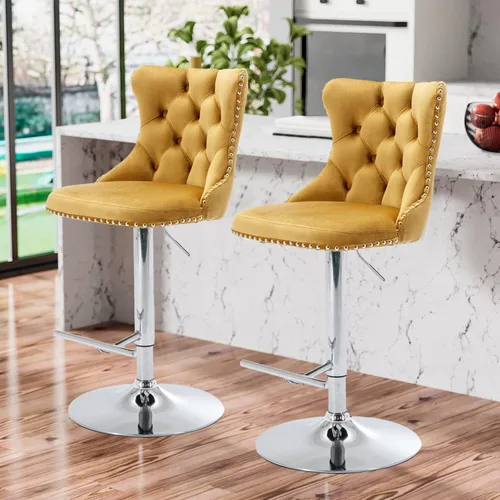 Miniatura 30 de Aoowow Juego de 2 taburetes de bar giratorios ajustables con respaldo de terciopelo copetudo, sillas de bar modernas tapizadas con cabeza de clavo