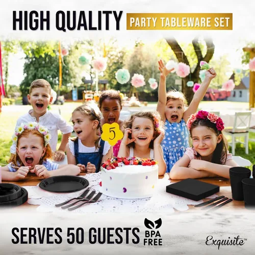Miniatura 6 de 350 piezas de platos de plástico negro para fiestas, juego de platos desechables negros, 50 de cada juego de platos para cena de 9 pulgadas, platos