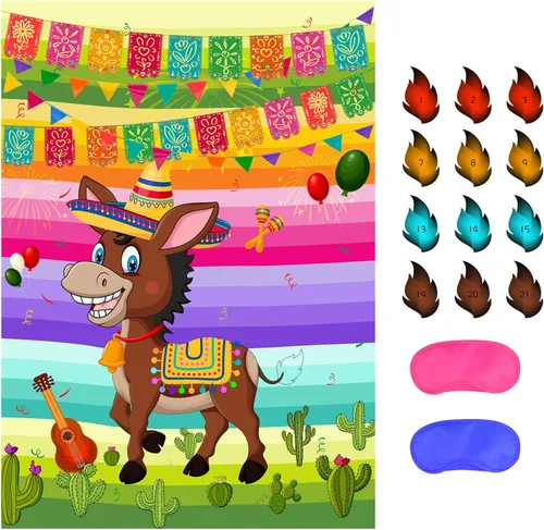 NEBURORA Pin The Tail on The Donkey Juego de burro mexicano con 24 colas para fiesta del Cinco de Mayo, fiesta mexicana, fiesta temática de taco,
