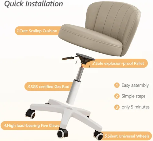 Miniatura 4 de Silla de escritorio pequeña festoneada con respaldo, bonita silla de tocador enrollable sin brazos con piel sintética, cómodas sillas de oficina Gris