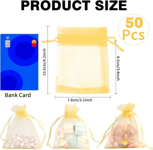 Miniatura 2 de Bolsas de organza doradas, 50 unidades, bolsas transparentes de 3 x 4 pulgadas para joyas y recuerdos de fiesta con cordón, mini bolsas de regalo