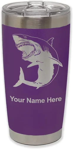 Miniatura 38 de LaserGram Vaso aislado al vacío de 20 onzas, gran tiburón blanco, grabado personalizado incluido (negro)