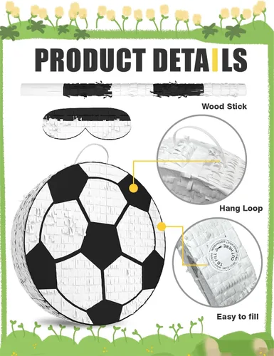 Miniatura 3 de Piñata de fútbol – Incluye palo de madera, vendaje de ojos y confeti – 13 x 13 x 3 pulgadas – Perfecto para decoraciones de fiestas deportivas