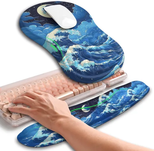 Miniatura 20 de Hokafenle Combinación 2 en 1, reposamuñecas para teclado ondulado y alfombrilla ergonómica para mouse con curvatura, soporte de muñeca para aliviar
