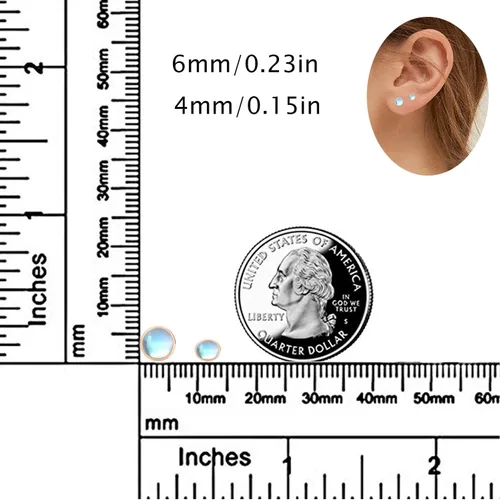 Miniatura 5 de Aretes para orejas sensibles, aretes de piedra lunar sintética, aretes redondos de plata de ley para mujer