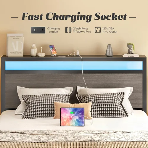 Miniatura 5 de Fluest Base de cama tamaño queen con cabecera y estribo, estación de carga integrada y luz LED, estante de almacenamiento, sin ruido, no necesita