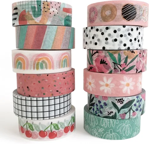 ZYNSHE - Juego de 12 rollos de cinta adhesiva washi de 15 mm de ancho, cinta decorativa linda para diario, álbum de recortes, manualidades, bullet
