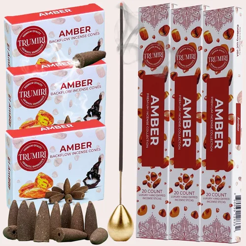 Miniatura 7 de Paquete combinado de incienso ámbar, 60 varillas + 30 conos de reflujo para incienso en cascada