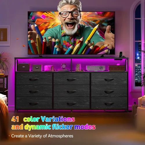 Miniatura 6 de Cómoda negra de 55 pulgadas de ancho para dormitorio con estación de carga y luz LED, soporte de TV de 65/55/50 pulgadas con 9 cajones de tela