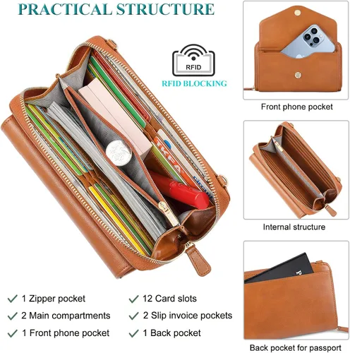 Miniatura 3 de Peacocktion Cartera para mujer con RFID, cartera cruzada de gran capacidad, 2 correas