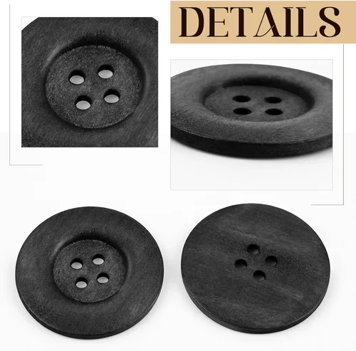 Miniatura 3 de MTLEE 30 Piezas Botones de Madera de Gran Tamaño 2.36 Pulgadas Botón de Costura Redondo 4 Agujeros Botones Grandes para Manualidades Costura de Negro