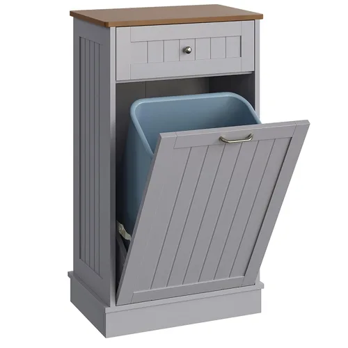 Miniatura 10 de LOUVIXA Gabinete de basura inclinable, armario de basura oculto con cajón, soporte de madera para basura a prueba de perros, cesta de lavandería