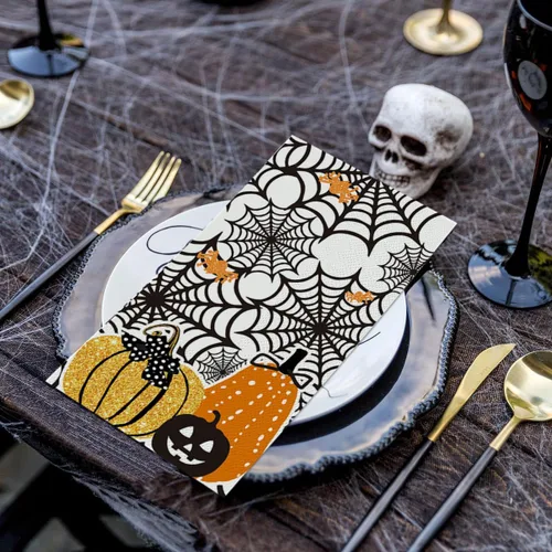 Miniatura 3 de Horaldaily 100 servilletas decorativas de papel desechables de Halloween, con temática aterradora, calabazas, toalla de mano para fiestas, almuerzo