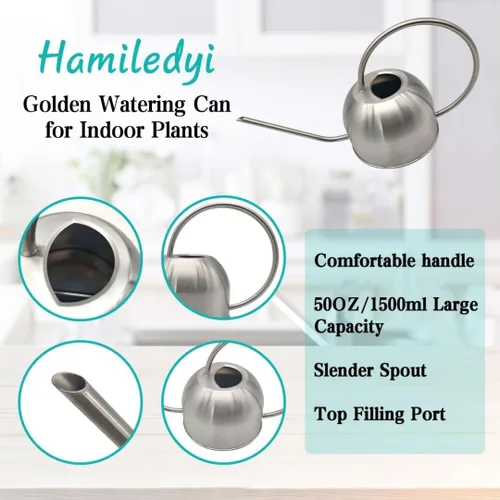 Miniatura 3 de Hamiledyi Regadera de acero inoxidable de 50 onzas con boquilla larga de metal, regadera de flores para interiores y exteriores, para jardín