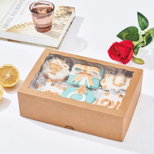 Miniatura 5 de Cajas de cartón de alta calidad de 10 x 7 x 2.5 pulgadas con ventana transparente para galletas, fresas paquete con 25 unidades. Kraft marrón