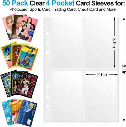 Miniatura 2 de Páginas de Recambio para Carpeta con Fundas de 4 Bolsillos A5 – Paquete de 50 Almacena 400 Tarjetas – Hojas de Inserción de 6 Anillos para Fotocards