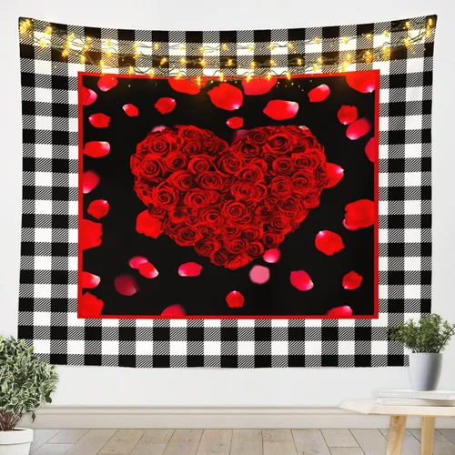 Miniatura 10 de Tapiz femenino de flores de rosas rojas, tapiz de pared para el día de San Valentín, decoración de habitación de niñas y mujeres, diseño de retazos