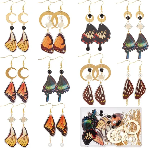 SUNNYCLUE 1 caja, 10 pares de aretes de mariposa, kit de iniciación para hacer dijes, alas de primavera, dijes de estrella y luna, cuentas de