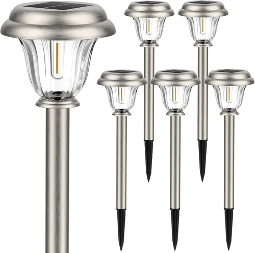 Miniatura 9 de DERAYSION Solar Lights Outdoor, 6 Pack Brushed Stainless Steel Glass Solar Pathway Lights, Auto On/Off Long-Lasting Outdoor Solar Lights for Garden