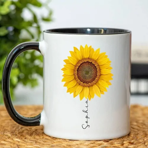 Alison Taza de girasol personalizada, taza de café, para ella, regalo de cumpleaños, amante de las flores, familia y amigos de Navidad, taza de