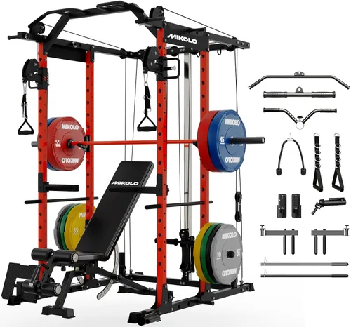 Miniatura 17 de Mikolo Jaula de Potencia, Rack de Potencia con Sistema de Cruce de Cables, 1500LBS Rack para Sentadillas con Sistema de Jalón LAT, Jaula de Rojo