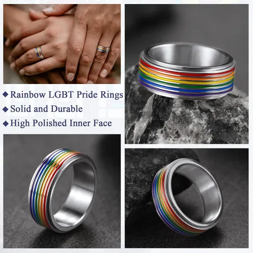 Miniatura 5 de FaithHeart Anillos para ansiedad LGBT Pride Rainbow, acero inoxidablechapado en oro de 18 quilates, joyería de amor es amor para hombres y mujeres