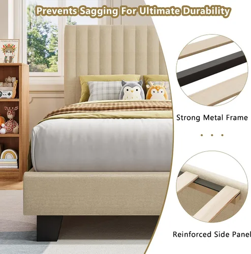 Miniatura 5 de iPormis Base de cama tamaño individual, cama tapizada con plataforma con cabecero de lino vertical, patas de cama anchas y fuerte soporte