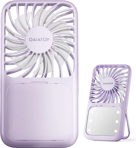 Miniatura 8 de Gaiatop Ventilador de mano portátil, espejo de maquillaje LED de 3 velocidades con luz, soporte plegable para escritorio, mini ventiladores Rosa