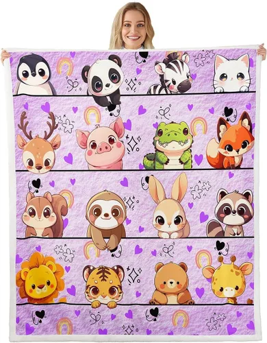 Miniatura 12 de Manta de franela de animales de dibujos animados para todas las estaciones, manta de cama azul con estampado de amor Kawaii para decoración