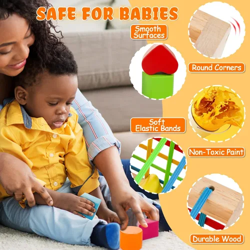 Miniatura 6 de HELLOWOOD Juguetes Montessori para niños de 1 año en adelante, cubo clasificador de madera con 8 formas de traqueteo, juguetes de aprendizaje