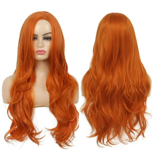 Miniatura 9 de Peluca larga rizada ondulada roja para mujer, raya lateral, aspecto natural, fibra sintética para cosplay, resistente al calor, cabello de reemplazo