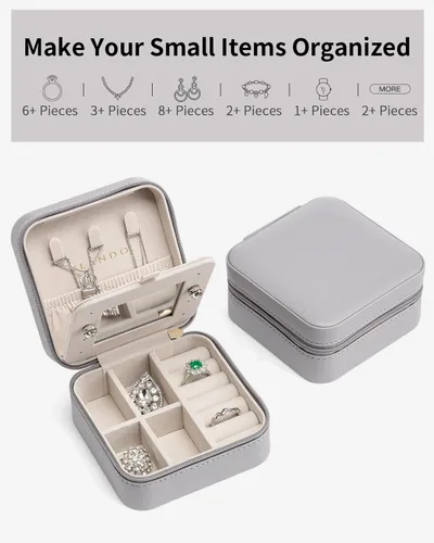 Miniatura 5 de Vlando Pequeño organizador de joyas de viaje, vitrina para niñas, mujeres, regalo anillos, aretes, collares, almacenamiento con espejo gris