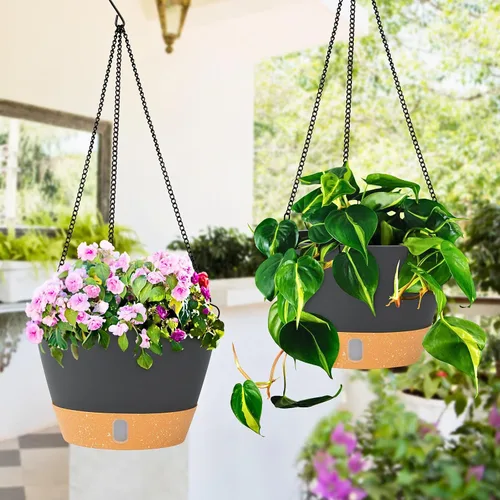 Miniatura 4 de QCQHDU Paquete de 2 macetas colgantes de 10 pulgadas para plantas de interior y exterior, cestas colgantes macetas de flores con bandeja de depósito