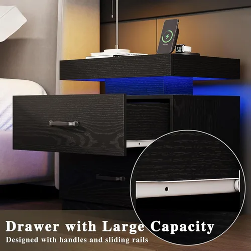 Miniatura 5 de Mesita de noche negra con estación de carga, moderna mesita de noche con luces LED, mesa auxiliar con 2 cajones para dormitorio, sala de estar