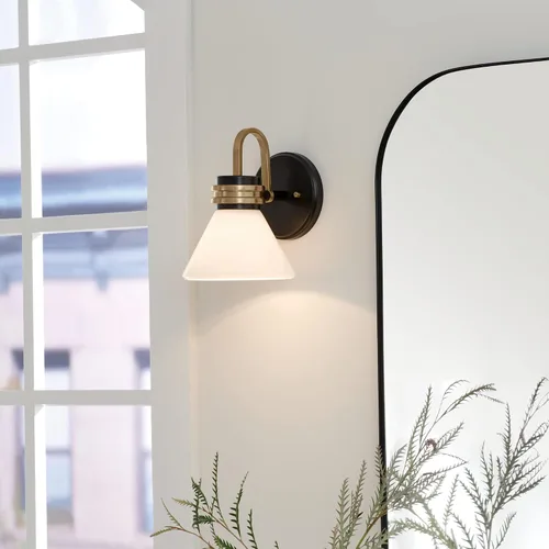 Miniatura 2 de Kichler Farum 55153BK - Aplique de pared con 1 luz, luz moderna con cristal ópalo en negro con bronce champán, clasificación húmeda, para entrada