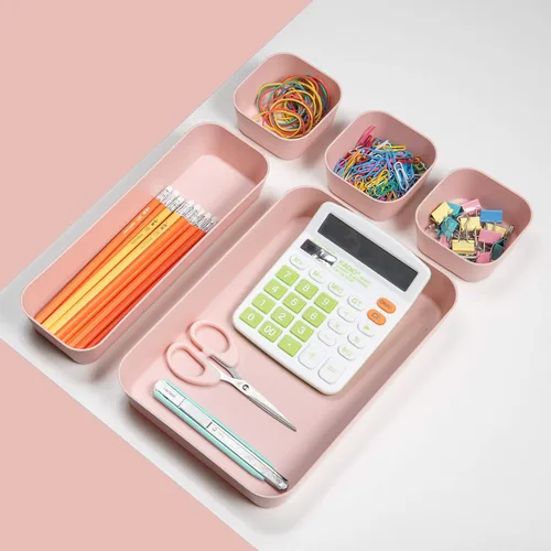 Miniatura 3 de Juego de 12 organizadores de cajones de escritorio de plástico de color rosa para maquillaje, baño, oficina, cocina, cajón, caja de almacenamiento