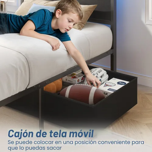 Miniatura 6 de Fluest Base de cama individual, base de cama individual con cabecera de almacenamiento y cajón de almacenamiento, estación de carga y luz LED,