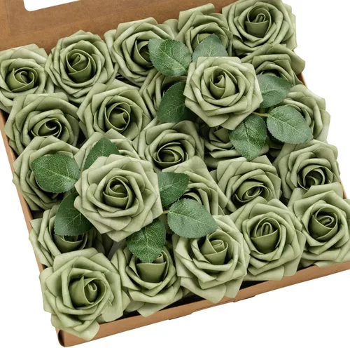 Miniatura 48 de Ling’s Moment - Flores Artificiales, 50 piezas, Rosas Verde Pavo Real con Tallos, 3" de Tacto Real, Espuma DIY para Ramilletes de Boda/Centros