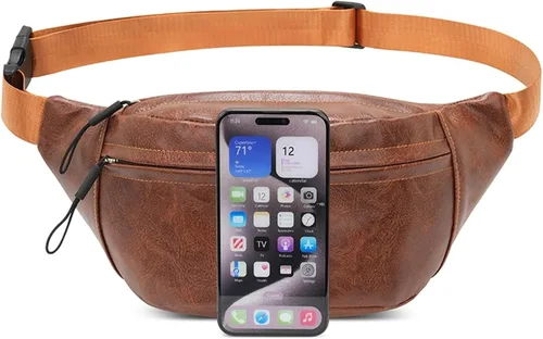 Miniatura 23 de Ausion Riñonera de cuero para hombres y mujeres, cangurera para senderismo, correr, viajes, múltiples bolsillos - Riñonera con cremalleras Marrón