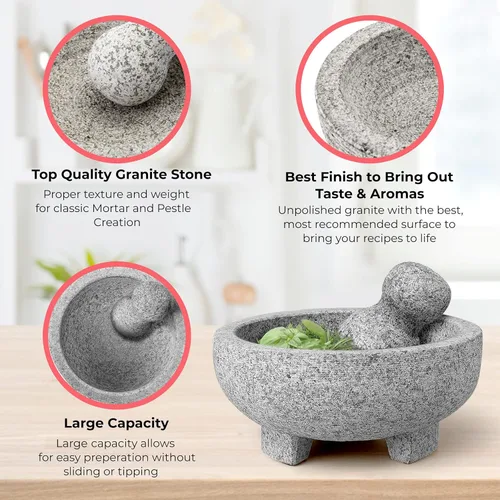 Miniatura 6 de Alpine Cuisine Juego de molcajete de mortero y mortero de granito de 8 pulgadas, granito sin pulir, tazón de molinillo de especias para salsa