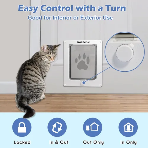Miniatura 2 de Wordcam Puerta para gatos extragrande, puerta para gatos para puertas interiores y exteriores, puerta para mascotas con bloqueo de 4 vías para gatos