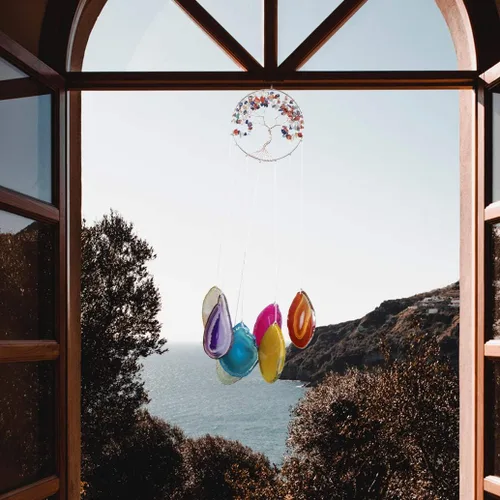 Miniatura 7 de Yoption Campanilla de viento conmemorativa con diseño de árbol de la vida, 7 chakras de cristal natural para decoración del hogar, jardín, 15.7-17.7