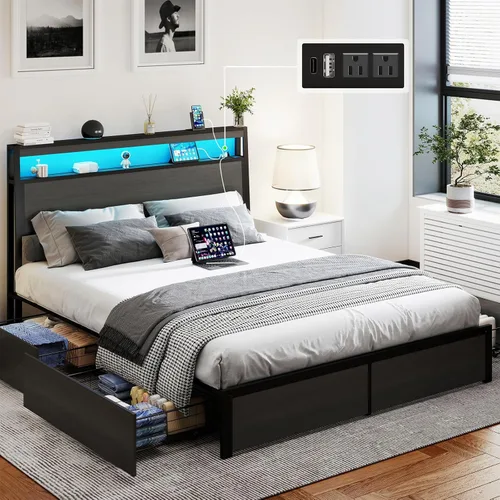 Miniatura 16 de SADENICEL Base de cama de tamaño matrimonial con almacenamiento, plataforma de cama de madera LED con cabecero, 4 cajones, estación de carga,
