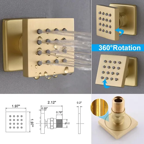 Miniatura 6 de Sistema de ducha de lluvia de oro cepillado, ducha de cuerpo completo Enga de 12 pulgadas con chorros corporales, juego combinado de ducha moderno