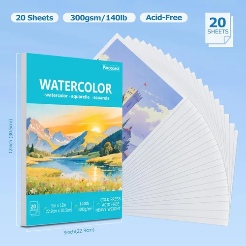 Miniatura 2 de Pacocoast Papel para Acuarela, 9"X12" Cuaderno de Bocetos de Prensa Fría para Artistas, (300gsm/140lb) Fichas de Color para Acrílico, Gouache