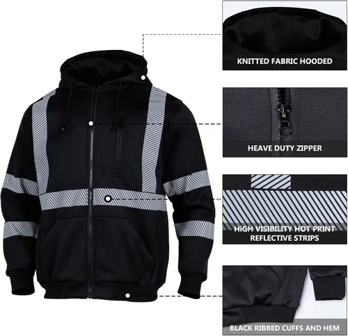 Miniatura 5 de VENDACE Alta visibilidad ANSI Clase 3 Reflectante de Seguridad Fleece Sudadera con capucha para hombres Hi Vis Sudaderas Chaqueta con cremallera